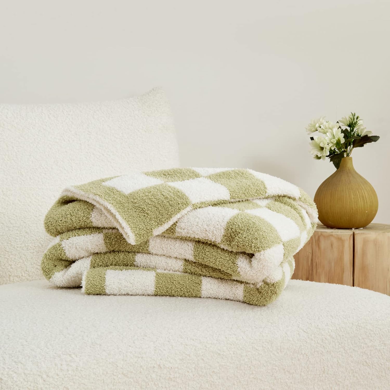 Manta de cuadros ultra suave y acogedora manta de cuadros verde salvia, cálida y esponjosa, manta a cuadros verde salvia y blanco para sofá y cama,