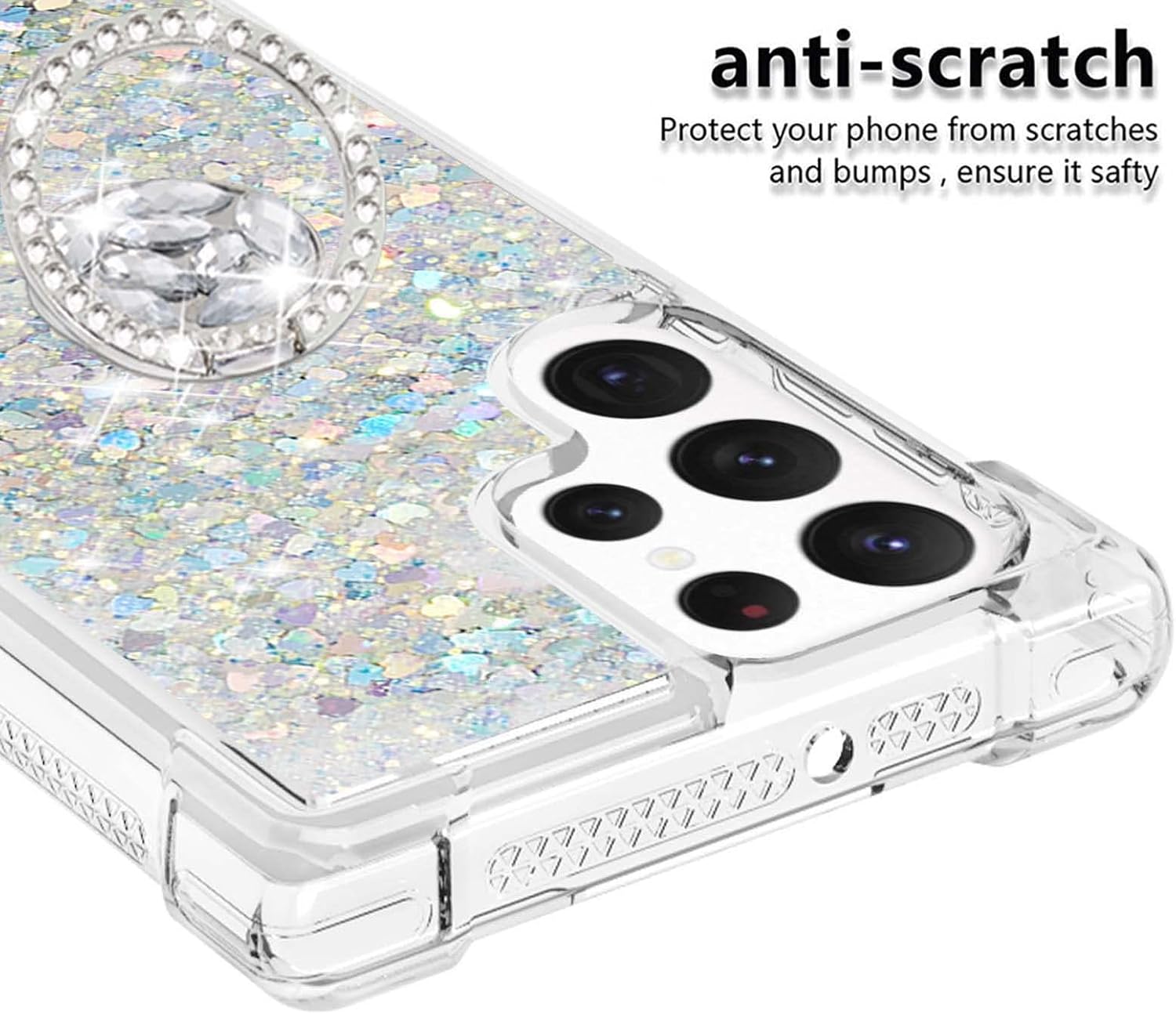 Tncavo Funda para Samsung Galaxy S23 Ultra para mujer, fundas con purpurina holográfica líquida en movimiento con anillo de diamante, TPU suave y