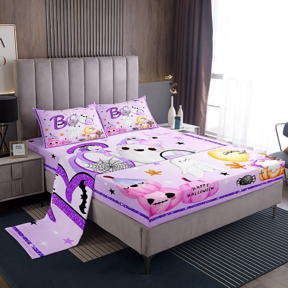 Juego de sábanas Kawaii de fantasma, tamaño King, juego de ropa de cama de Halloween morado de 4 piezas para decoración de habitación de niños y
