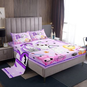 Juego de sábanas Kawaii de fantasma, tamaño King, juego de ropa de cama de Halloween morado de 4 piezas para decoración de habitación de niños y Juego de sábanas Kawaii de fantasma, tamaño King, juego de ropa de cama de Halloween morado de 4 piezas para decoración de habitación de niños y