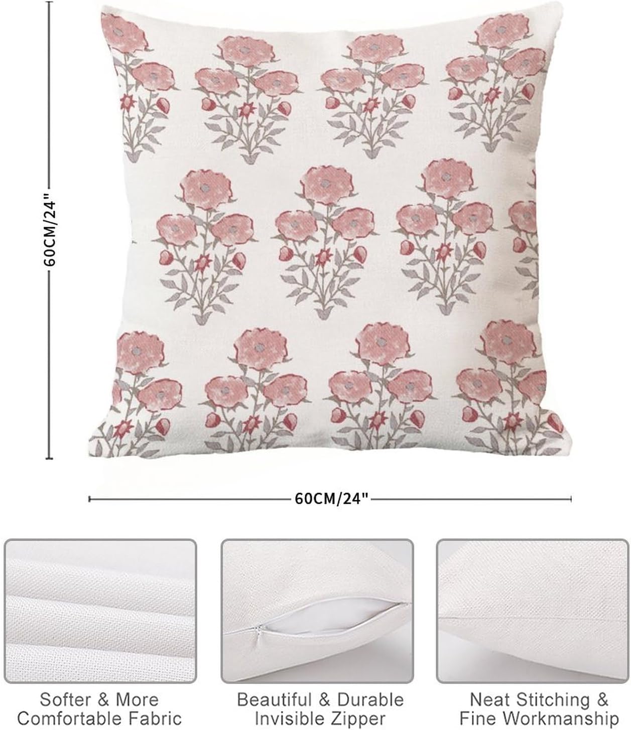 Funda de almohada estilo chinoiserie, diseño de flor mogol en monzón, color rojo rosa, funda de cojín asiática, 24 x 24 pulgadas, decoración del