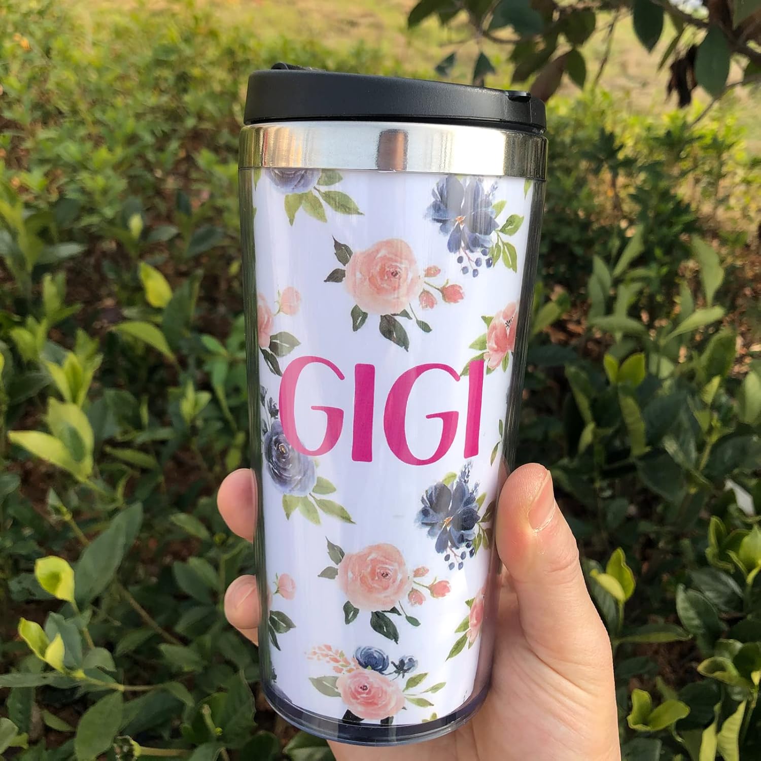 Yipaidel GiGi – Taza de café de viaje de acero inoxidable con diseño floral de acuarela azul, de 13 onzas, divertida botella de agua aislada, regalo