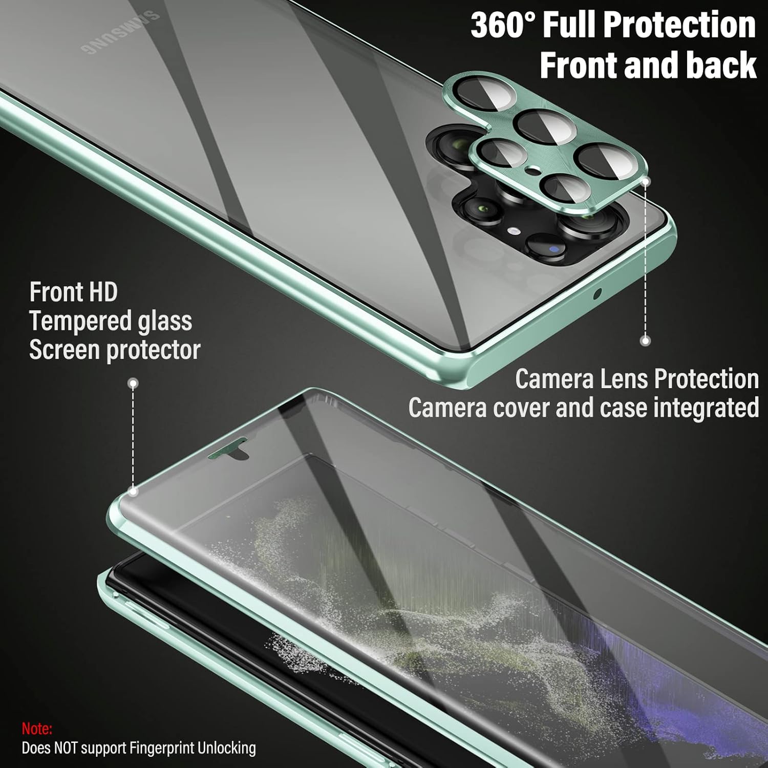 Funda de teléfono para Samsung Galaxy S22 Ultra Protector de pantalla de vidrio templado parachoques de aluminio delantero y trasero 360 Protección