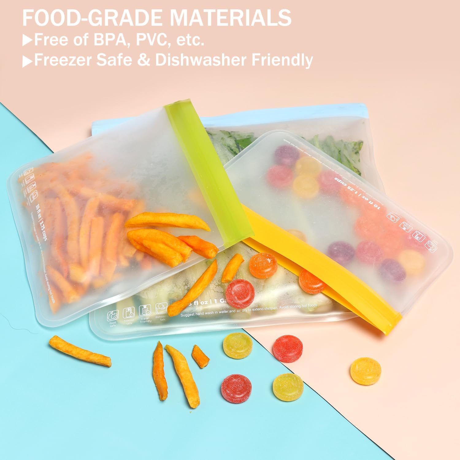 SPLF Paquete de 12 bolsas reutilizables de silicona aptas para lavavajillas, a prueba de fugas, bolsas reutilizables para congelador, sin BPA,