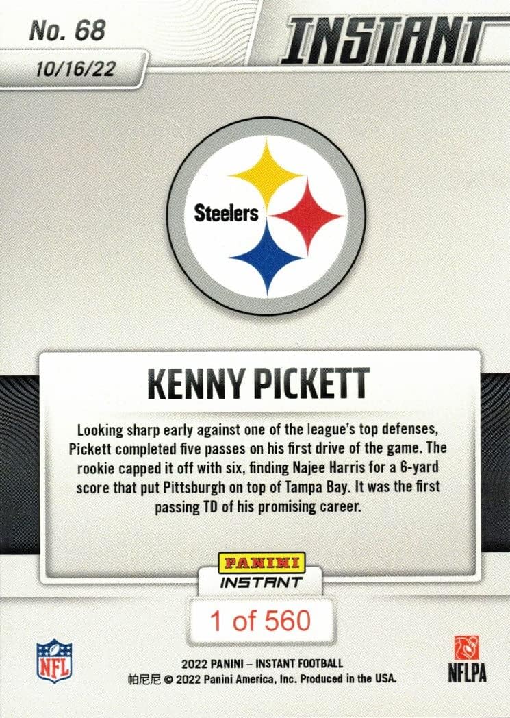 2022 Panini Instant Football #68 Kenny Pickett Rookie Card Steelers – 1st Career Passing Touchdown – Only 560 made!