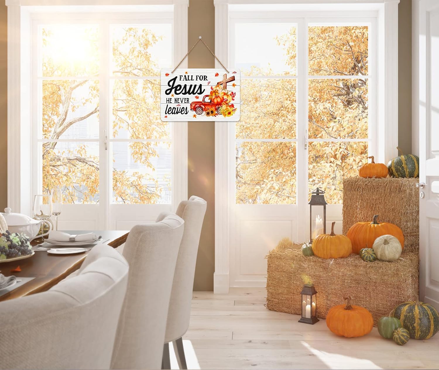 WhatSign Letrero decorativo con texto en inglés “Fall for Jesus He Never Lees” para el hogar, hojas de arce cristianas, calabaza, Jesús, decoración