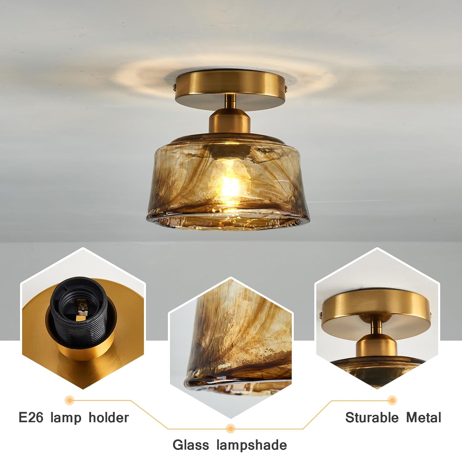 CVKASH Lámpara de techo de latón de montaje semiempotrado, pequeña y moderna lámpara de cristal ámbar dorado para casa de campo, iluminación de