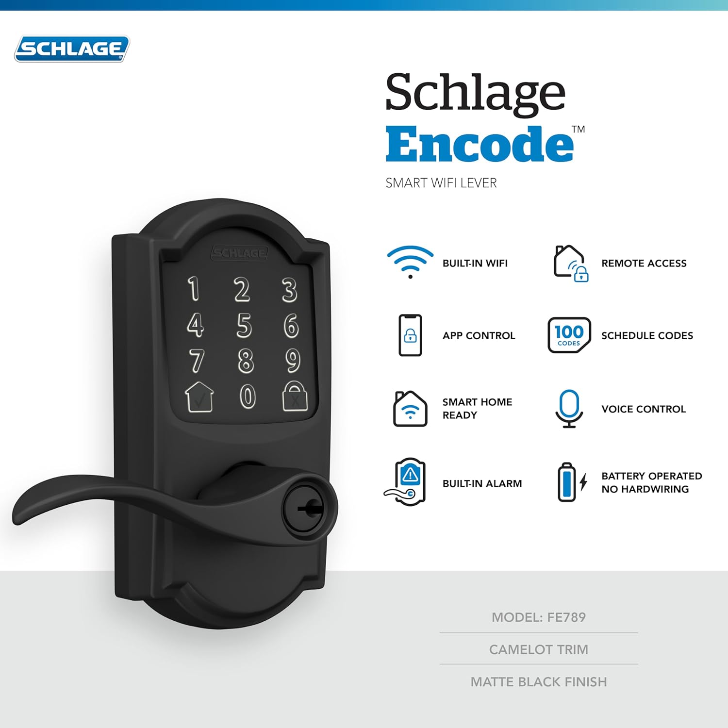 Schlage FE789WB CAM 622 Acc Encode WiFi Accent Lever Smart Lock, cerradura de puerta con pantalla táctil de entrada sin llave con borde Camelot,