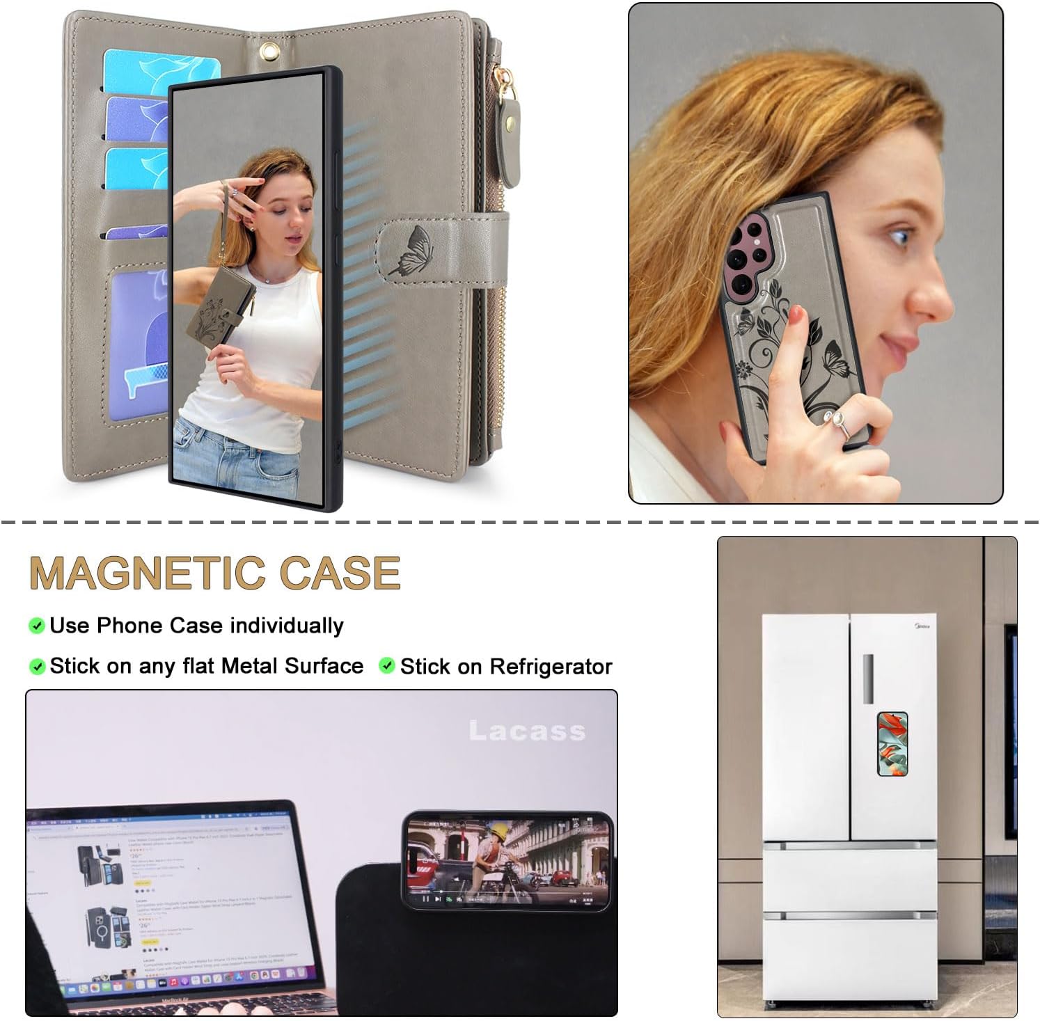 Lacass Funda para Samsung Galaxy S22 Ultra 12 ranuras para tarjetas Soporte para dinero en efectivo para tarjetas de identificación, bolsillo con