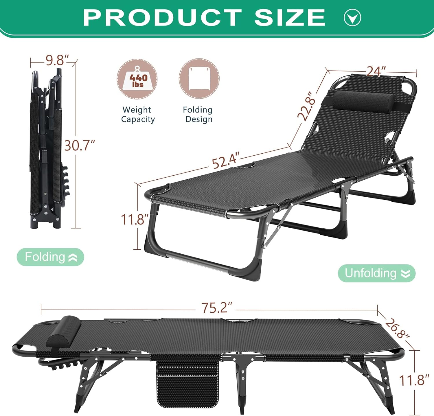 Sillón plegable con colchón, cama plegable ajustable de 4 posiciones, cuna para patio, tumbona, perfecta para tomar el sol, campamento, piscina,