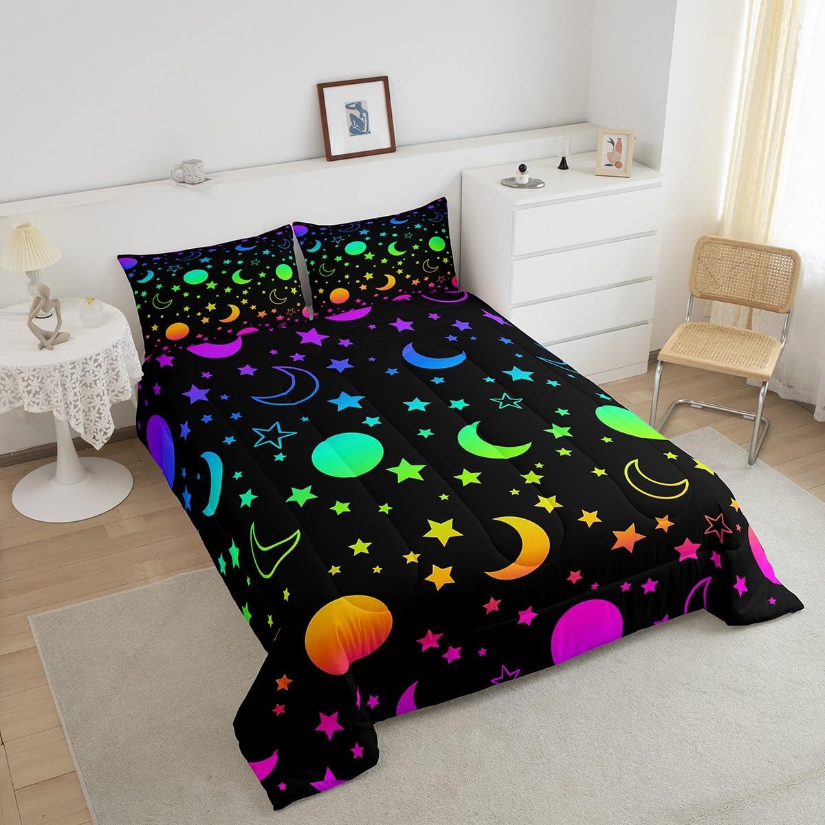 Erosebridal Juego de edredón para niñas, tamaño King, galaxia, estrellas, arcoíris, espacio, con relleno de edredón negro, morado, rosa, verde