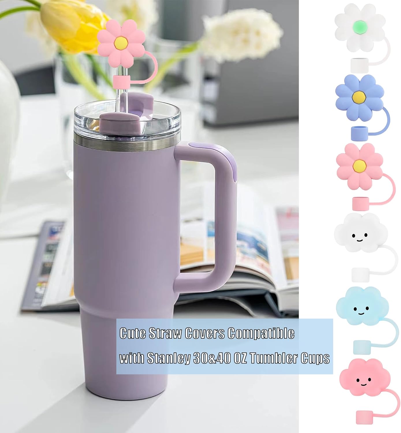 6 fundas de popote de silicona compatibles con vasos Stanley de 30 y 40 onzas, tapas de paja de 0.39 pulgadas0.394 in para accesorios de copa