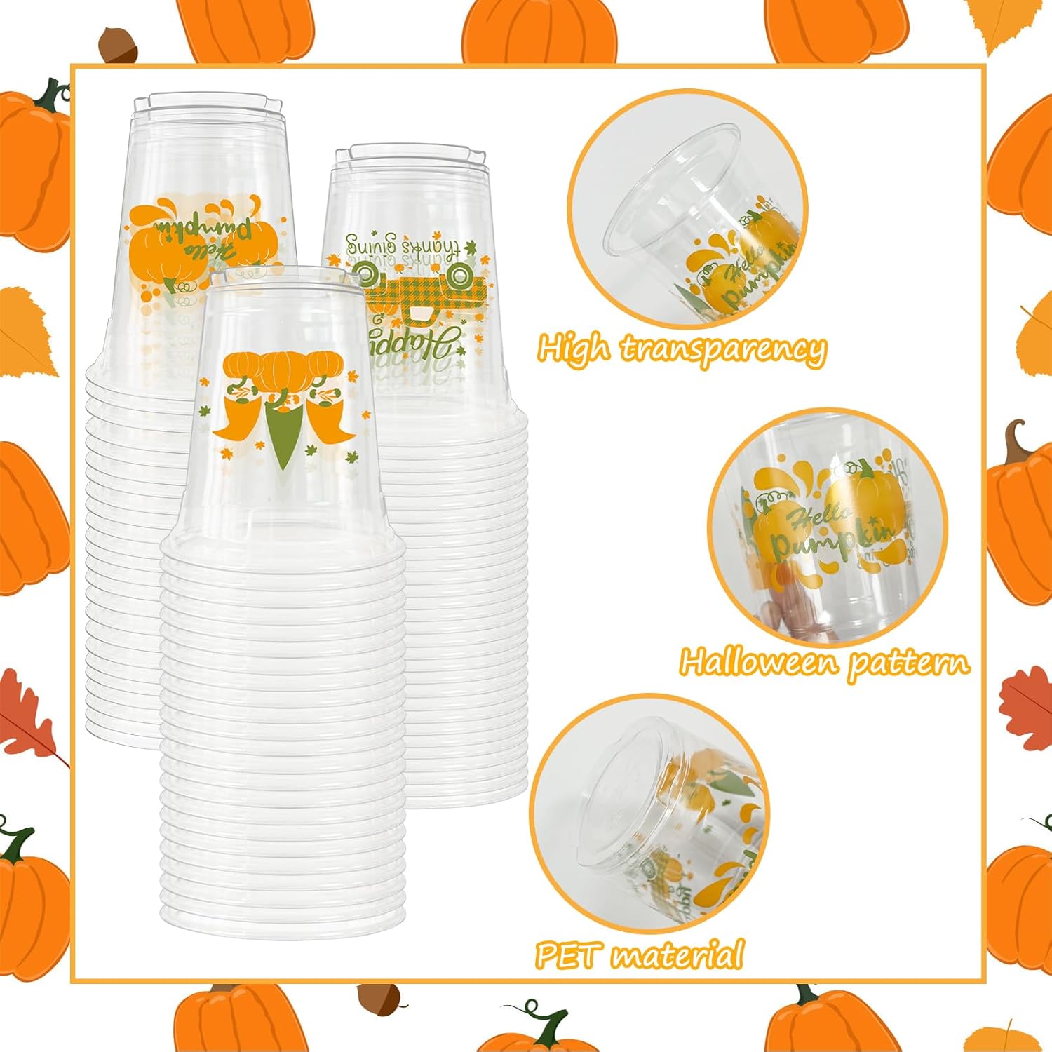 50 tazas de fiesta de otoño, 12 onzas, desechables de plástico transparente para Acción de Gracias, bebidas de cerveza, helado, aperitivos,
