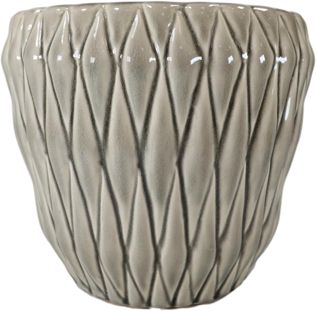 Ebros Gift Maceta de cerámica esmaltada de 8 pulgadas con diseño de cactus y dolomita con diamantes cruzados, superficie agrietada gris como repisa