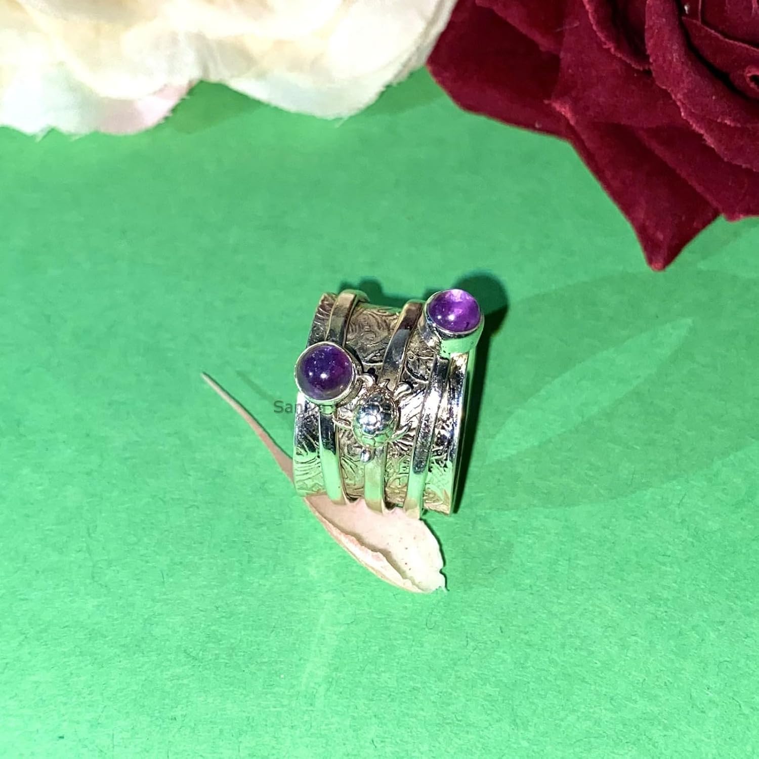 Purple Amethyst Double Round Gemstone Turtle Unique Design Spinner Ring, Solid 925 Sterling Silver Thumb Ring Wide Band Ring, Handmade Beautiful