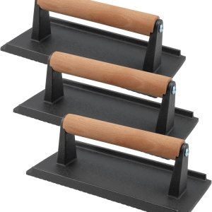 MOUYAT Paquete de 3 prensas de hierro fundido de 8 x 4 pulgadas, prensa de tocino pesado con mango de madera, prensa de peso de cocción plana para MOUYAT Paquete de 3 prensas de hierro fundido de 8 x 4 pulgadas, prensa de tocino pesado con mango de madera, prensa de peso de cocción plana para