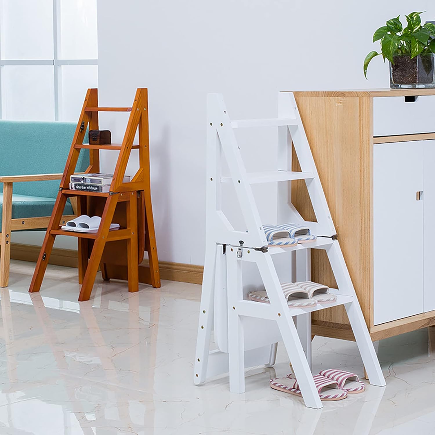 Silla plegable de madera maciza, escalera de biblioteca portátil de 4 escalones, silla plegable convertible para adultos, oficina, hogar, cocina al