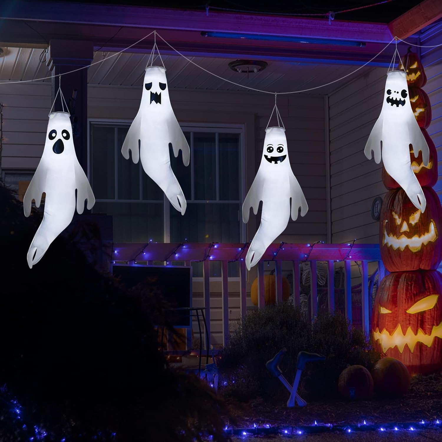 4 turbinas de viento fantasma de Halloween de 45 pulgadas para decoración al aire libre, lindo fantasma con control remoto y cadena de luz LED, 8