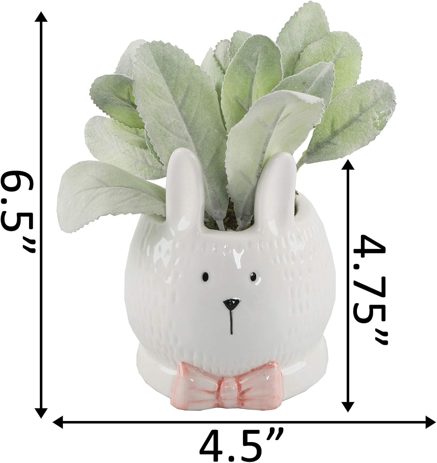 Flora Bunda Conejo de cerámica de 4 pulgadas con lazo rosa plantado oreja de cordero artificial para interiores, hogar, cocina, oficina, decoración