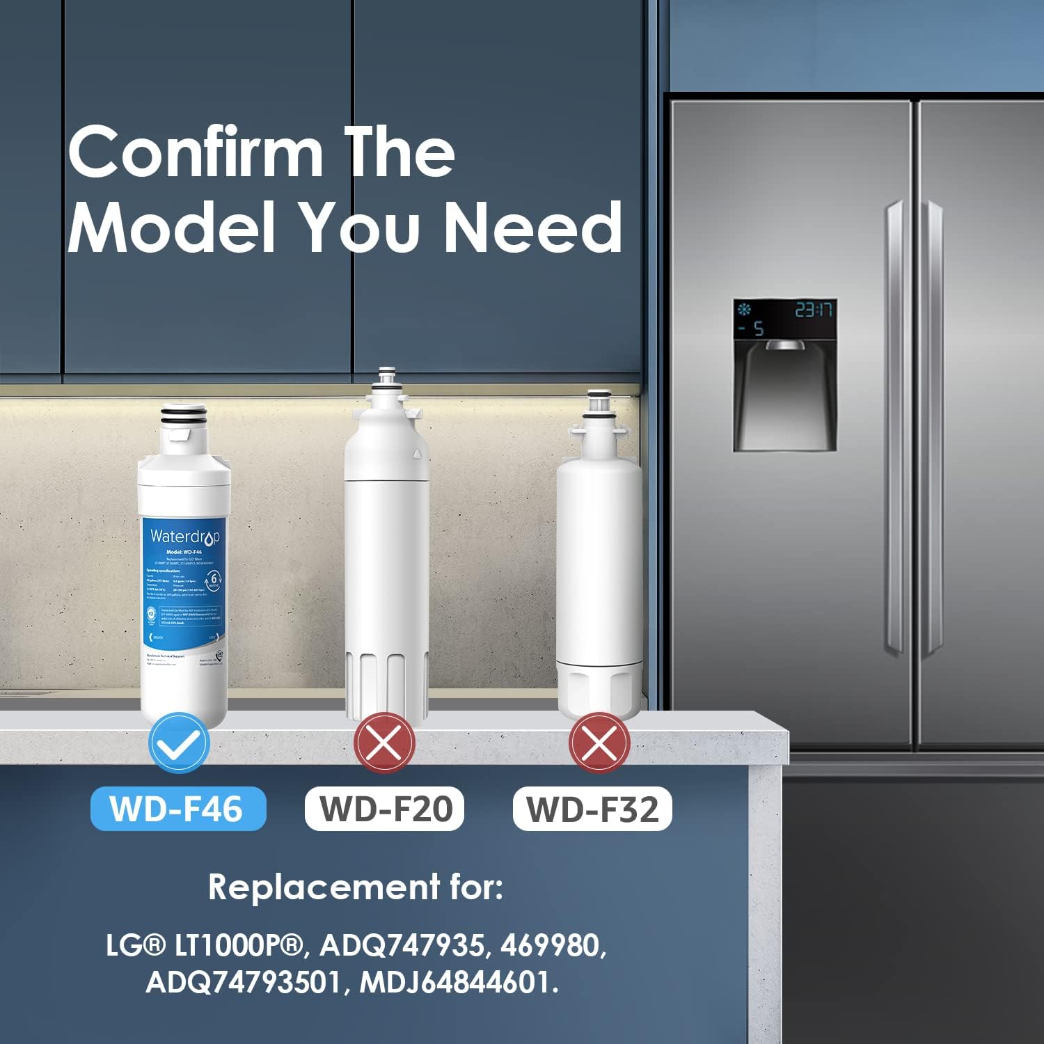 Waterdrop LT1000PC ADQ747935 MDJ64844601 Filtro de agua para refrigerador, repuesto para LG LT1000P, ADQ74793501, ADQ74793502, Kenmore 46-9980,