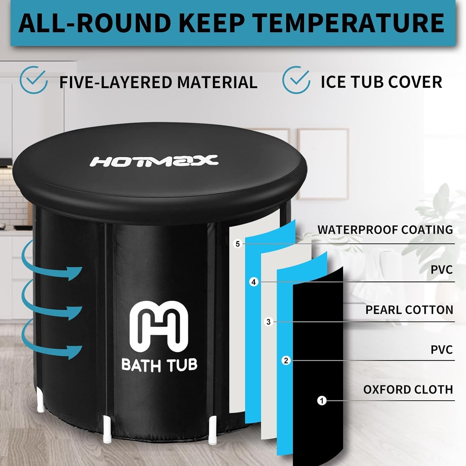 Bañera de hielo plegable portátil para adultos, bañera fría para atletas, tina de hielo de material multicapa, bañera independiente (31.5 x 31.5 x