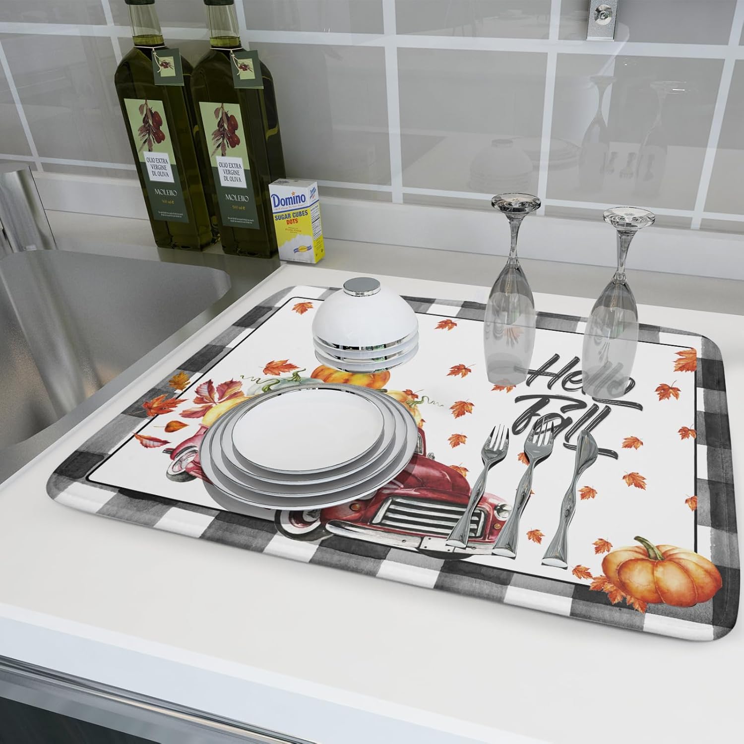 Tapete de secado de platos de calabaza Hello Fall para decoración de encimera de cocina, 18 x 24 pulgadas, tapete de secado de platos reversible de