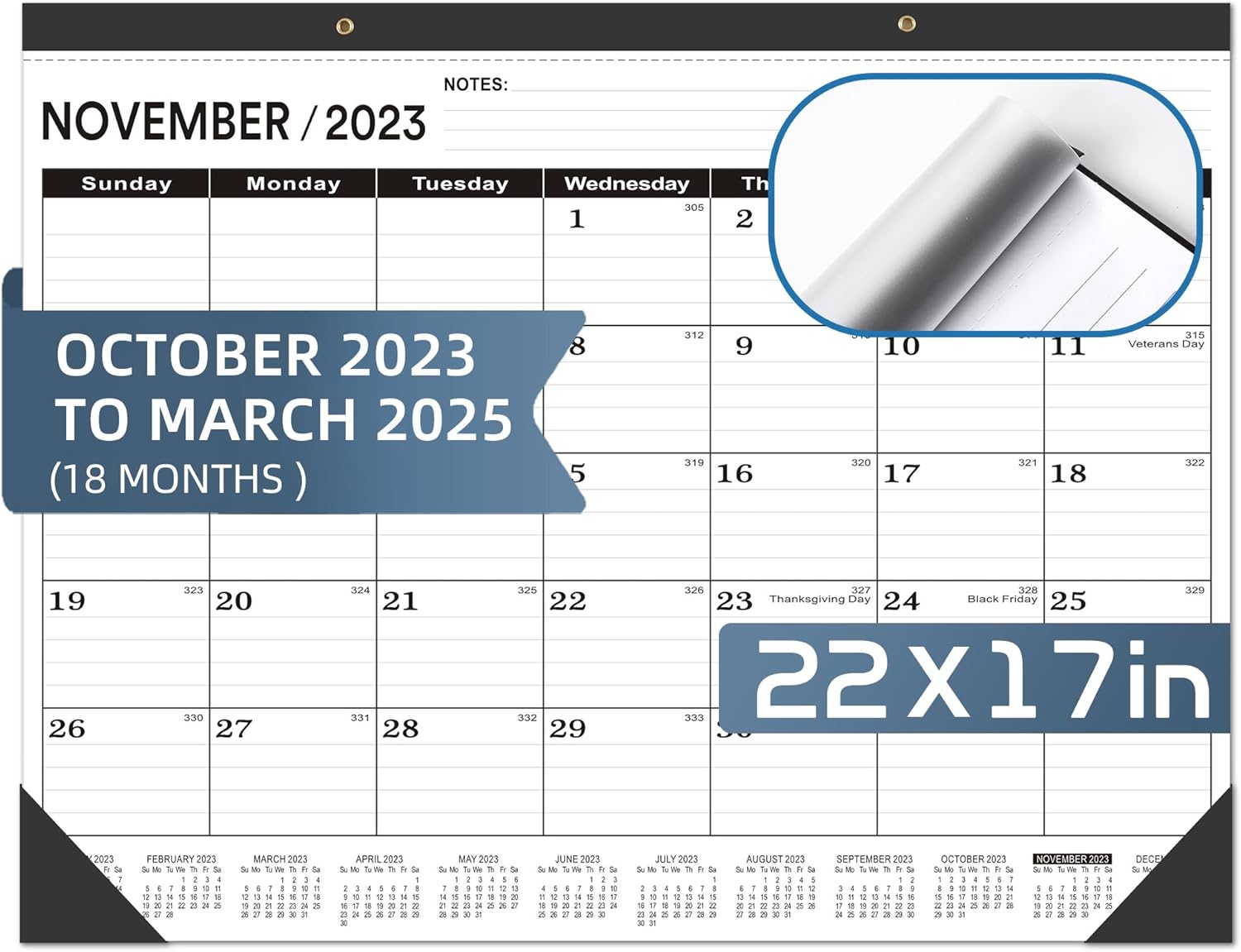 Calendario de escritorio grande de 22 x 17 pulgadas 2023-2024  Calendario mensual profesional de pared OCT.2023  MAR.2025, negro clásico