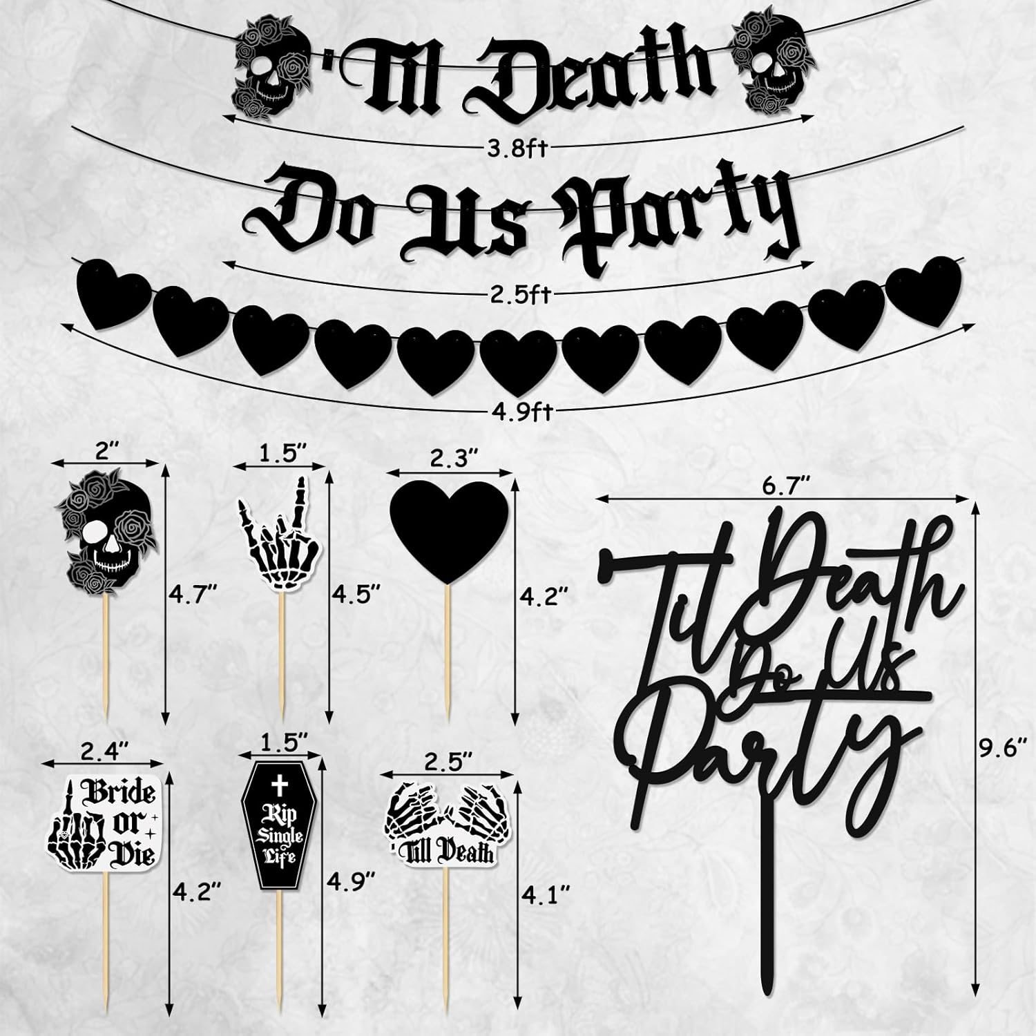 Kitticcino Til Death Do Us – Decoración de fiesta gótica para fiesta, pancarta de acrílico para decoración de tarta, globos blancos y negros,