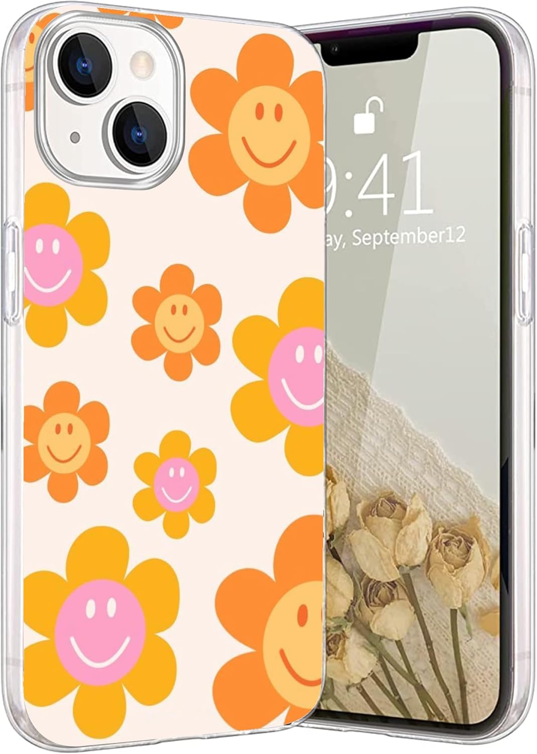 Funda compatible con iPhone 13  Indie Smile Face Flower Daisy Hippie Retro 90s Naranja Estética Elegante Duradera Protección de Cuerpo Completo