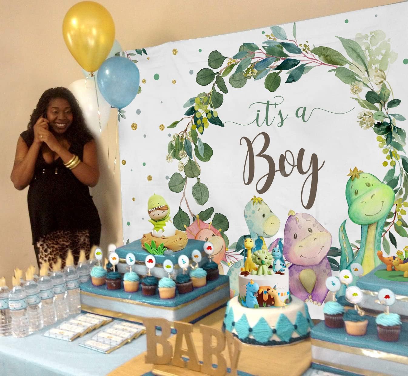 Fondo de 7 x 5 pies con texto en inglés “It’s a Boy” para baby shower, dinosaurio, cactus y hojas de eucalipto, fondo para fotografía, suministros