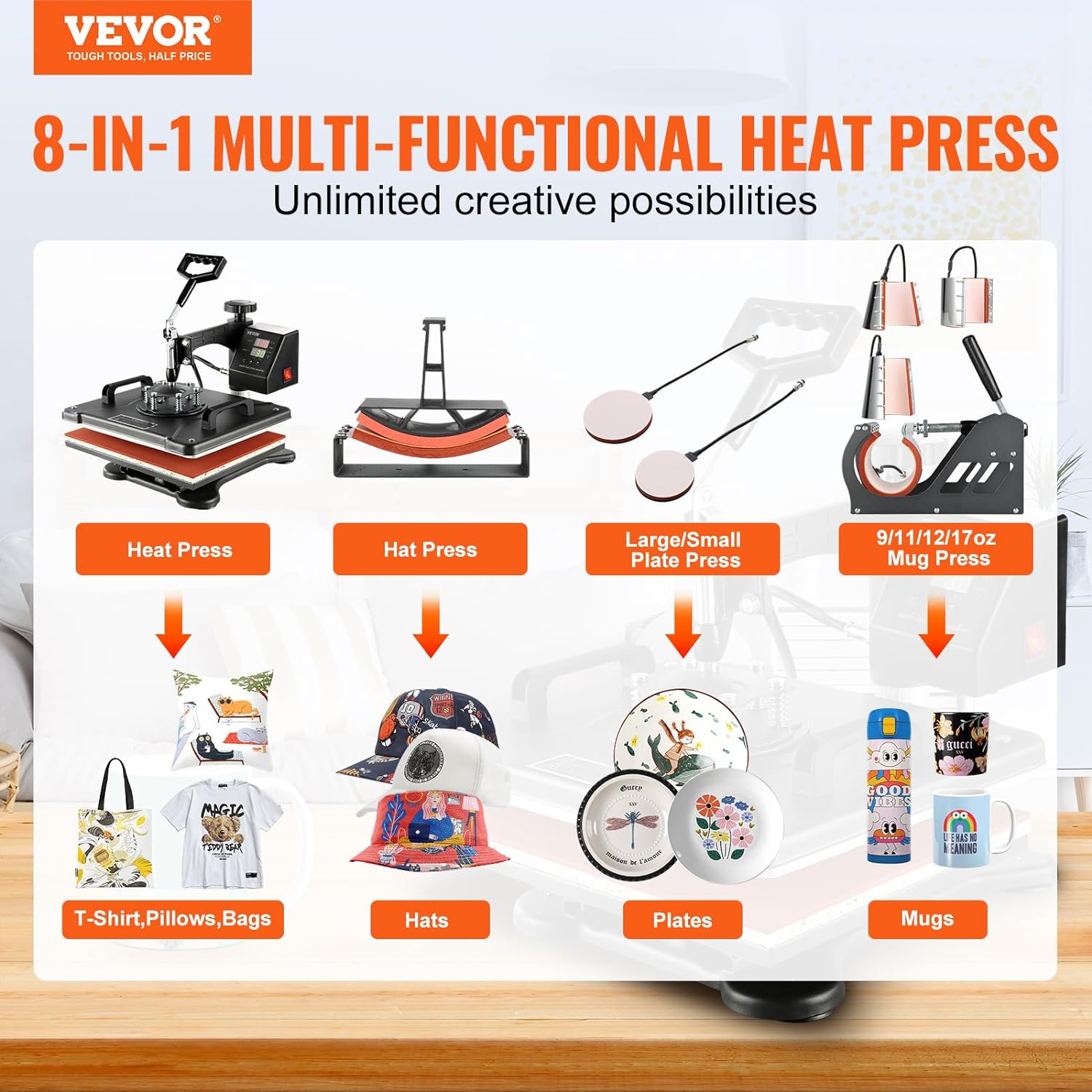 VEVOR Máquina de prensa de calor 8 en 1, máquina de prensa de camisetas oscilante de 360 para impresión de sombreros, tazas, camisetas, gorras,