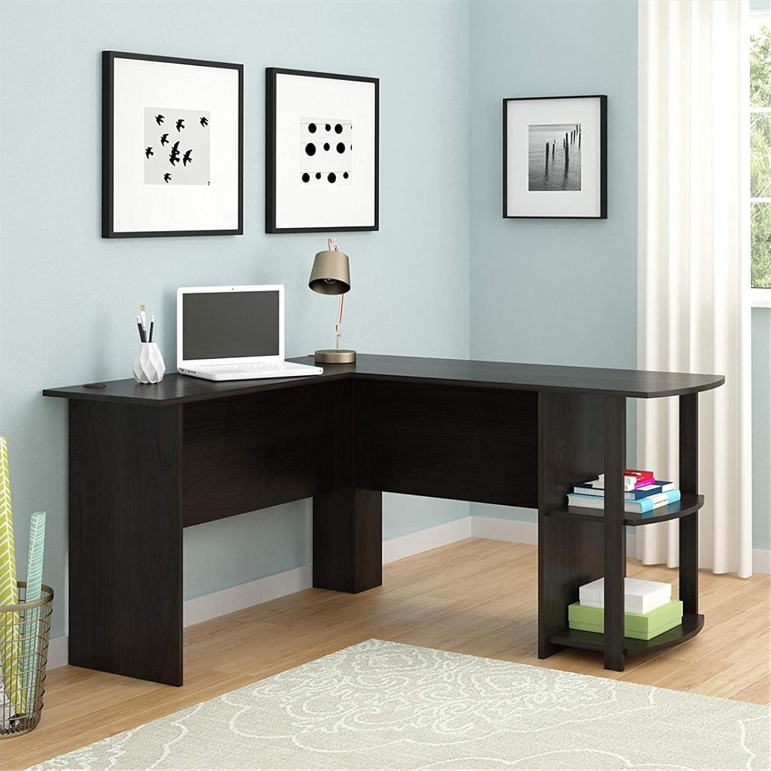 JASOYA Escritorio para computadora de madera en forma de L en ángulo recto con estantes de dos capas, color marrón oscuro para dormitorio, sala de