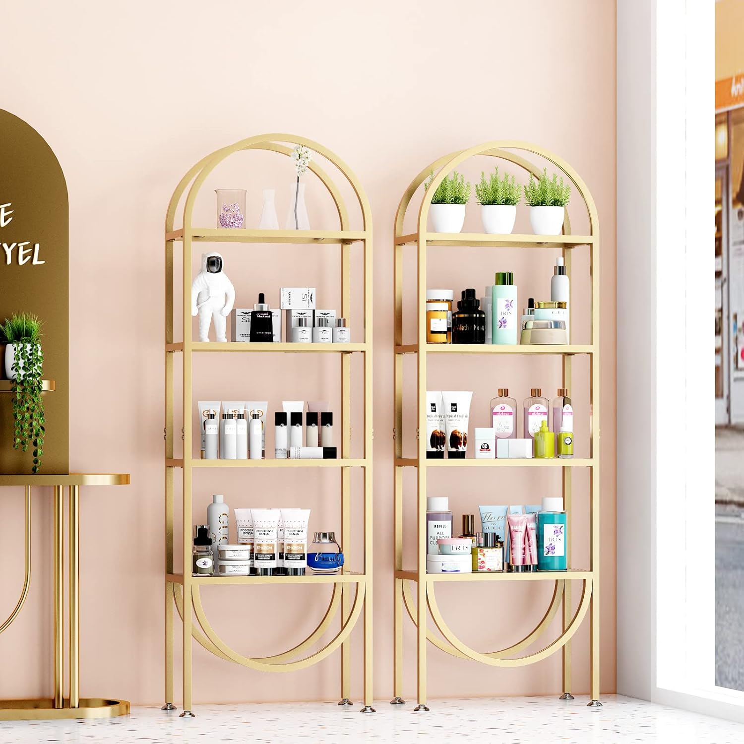Freestanding Gold Bookshelves with Glass Shelves Storage, Modern Gold Bookcase with 4 Tier Glass Shelves, Gold Storage Organizer for Office, Living