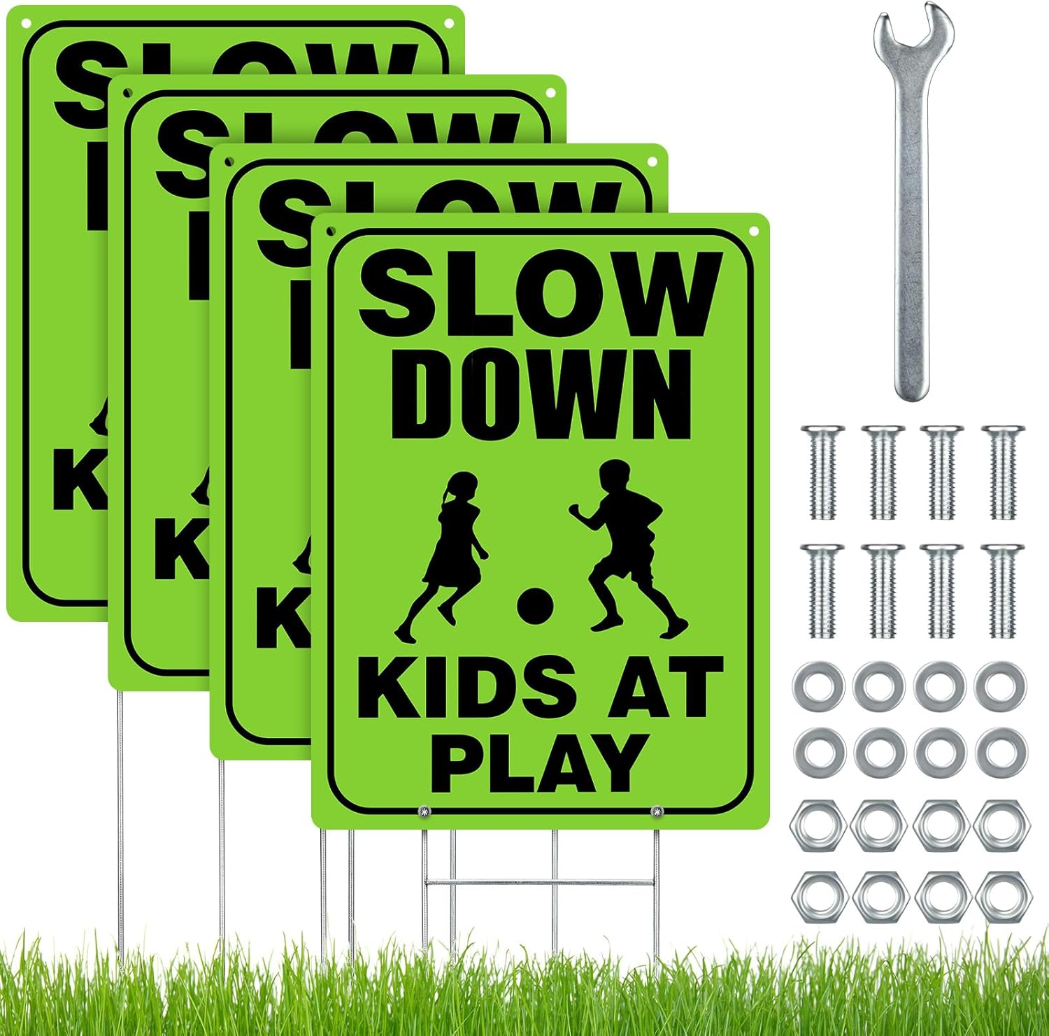 Zonon 4 letreros de seguridad para niños en juego con alambre de metal con estacas en H de precaución para niños en el juego, letreros reflectantes