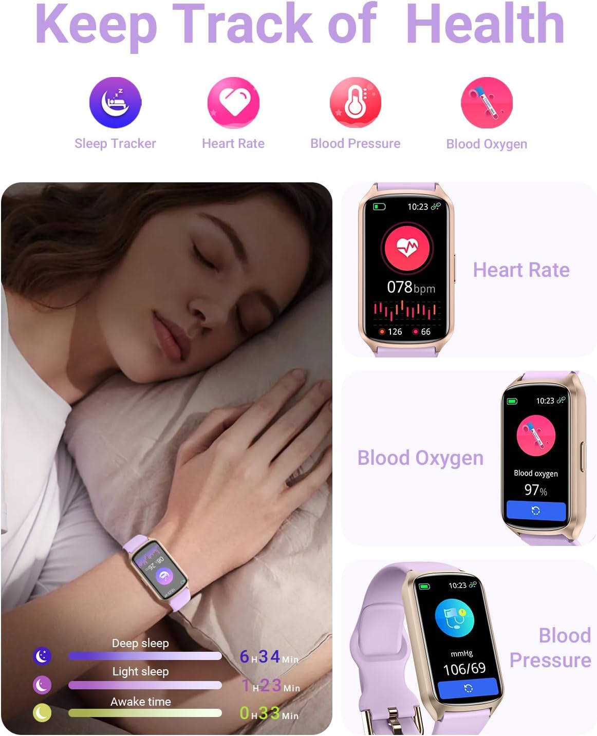 Rastreador de fitness con frecuencia cardíaca 247, oxígeno en sangre, presión arterial, rastreador de sueño, rastreador de actividad impermeable