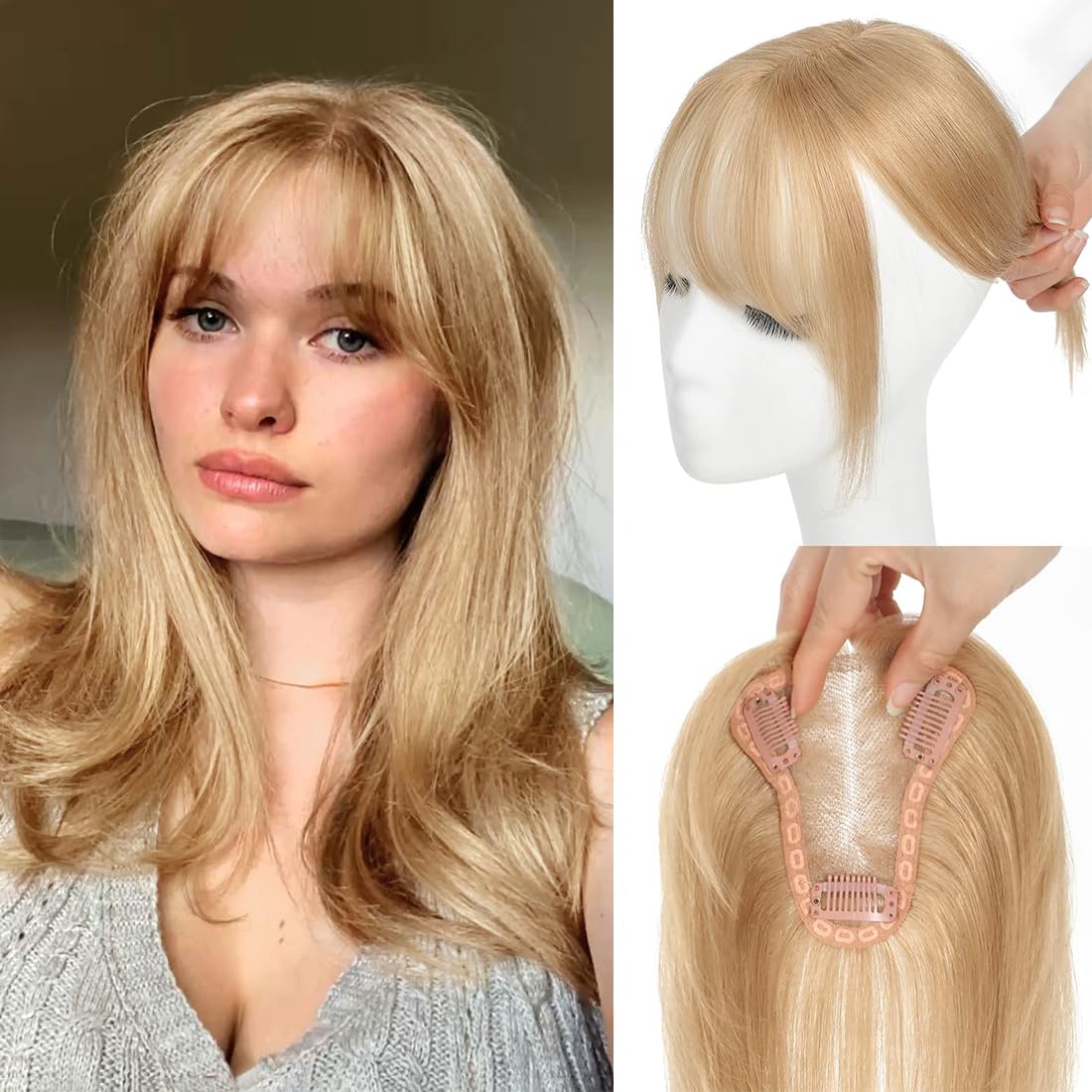 UDU Toppers para el cabello para mujer, adornos de cabello humano real para mujeres con cabello fino, adornos marrones, pasteles de pelo con
