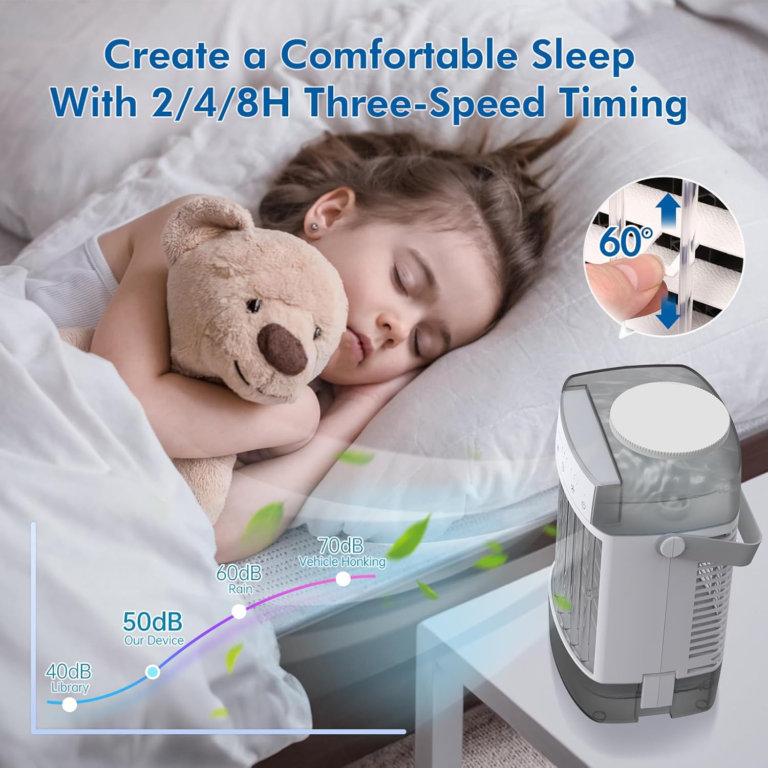 Aire acondicionado portátil, unidad de CA pequeña de 3 velocidades, enfriador de aire evaporativo con función de temporizador, luz nocturna de 7