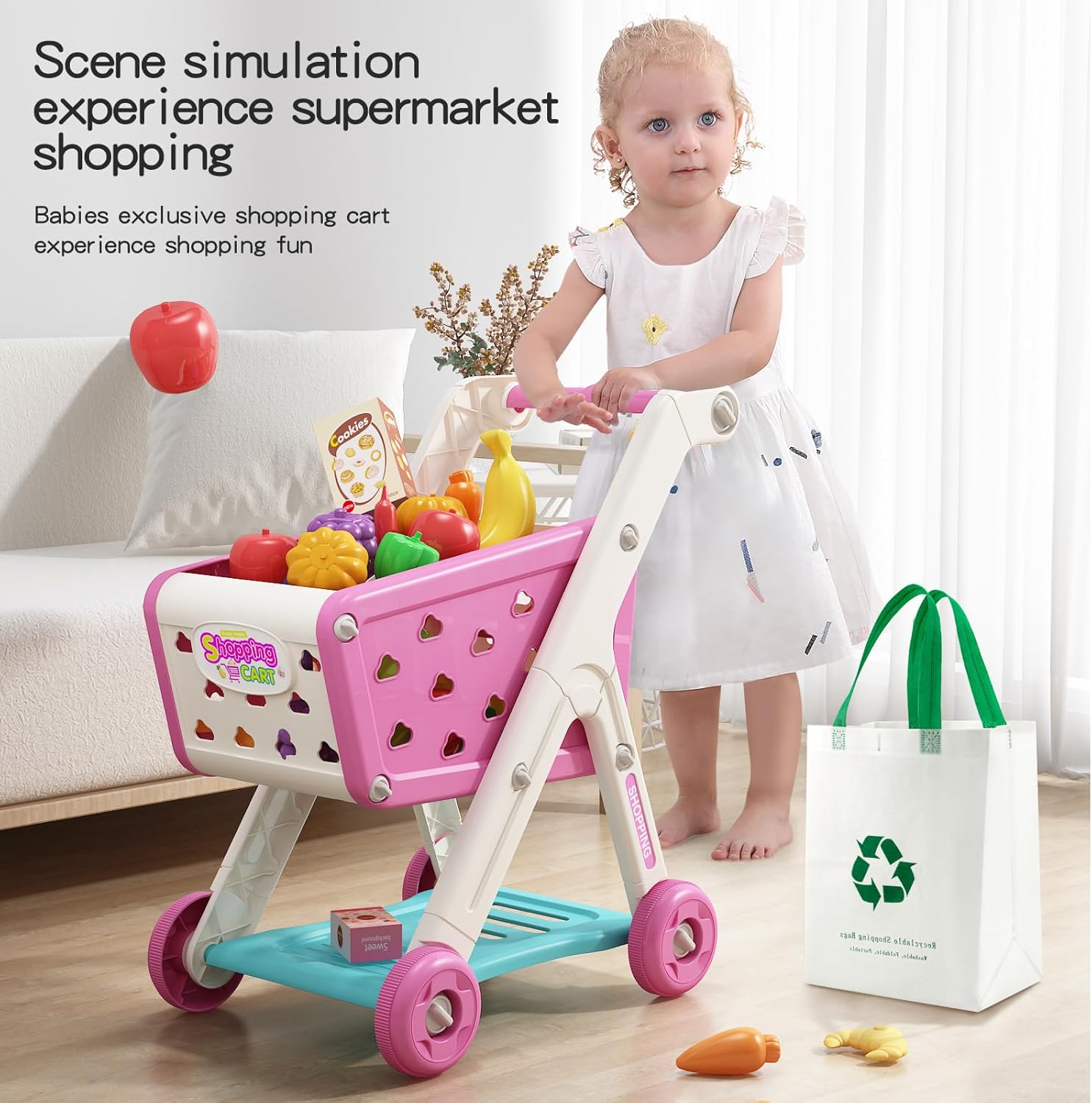 Juego de carrito de compras para niños de 98 piezas con comida de simulación y accesorios, perfecto para juegos de simulación y juegos de rol (rojo