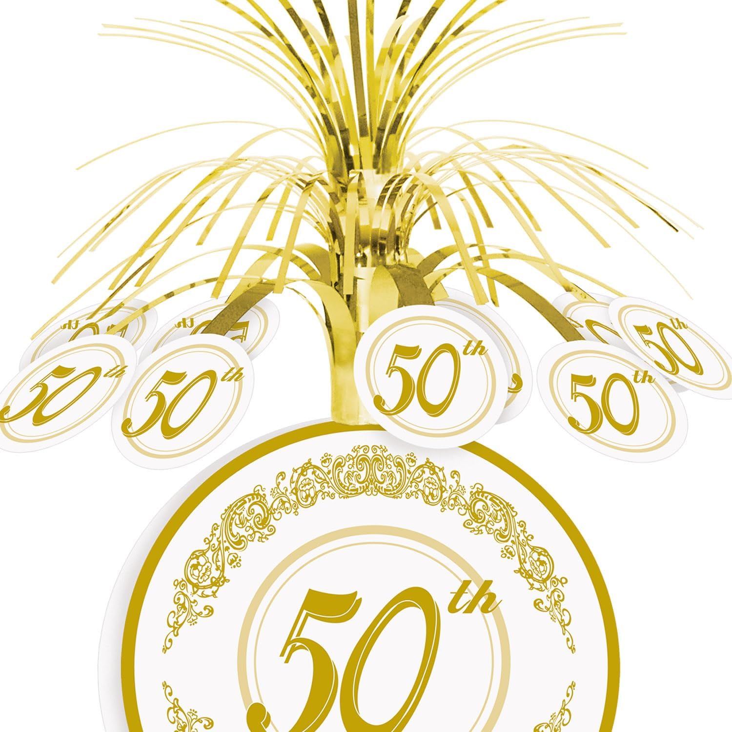 Beistle 2 piezas de 13 pulgadas 50 aniversario de boda decoración de mesa centros de mesa para celebraciones temáticas doradas, blancodorado