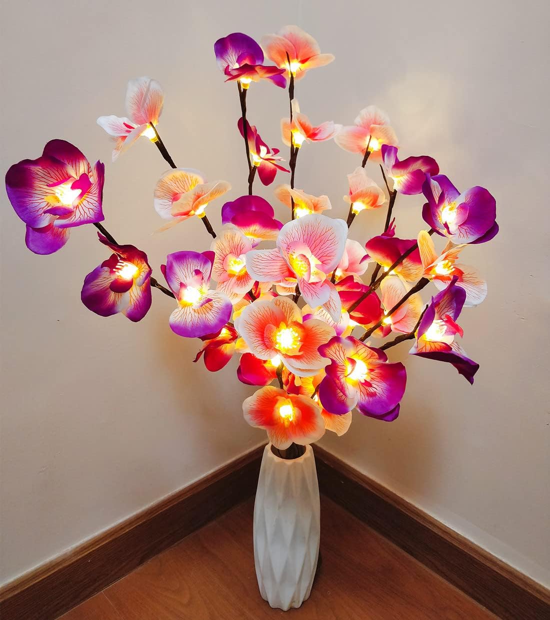 Fantasee Luces de ramita de orquídea, 20 luces LED artificiales de rama de Phalaenopsis alimentadas por pilas, luces de decoración de ramas