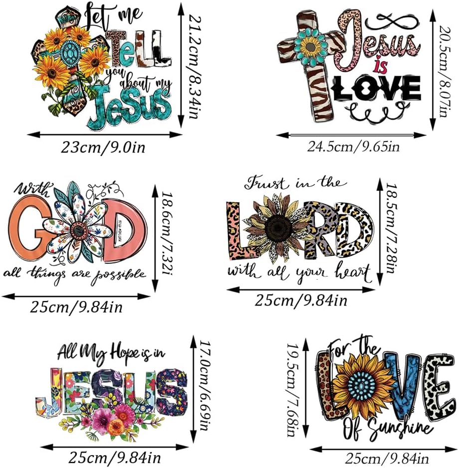 6 hojas de parches de transferencia de Jesús para planchar, decoración de prensa de calor, diseño de la letra de Jesús Dios, calcomanías de vinilo