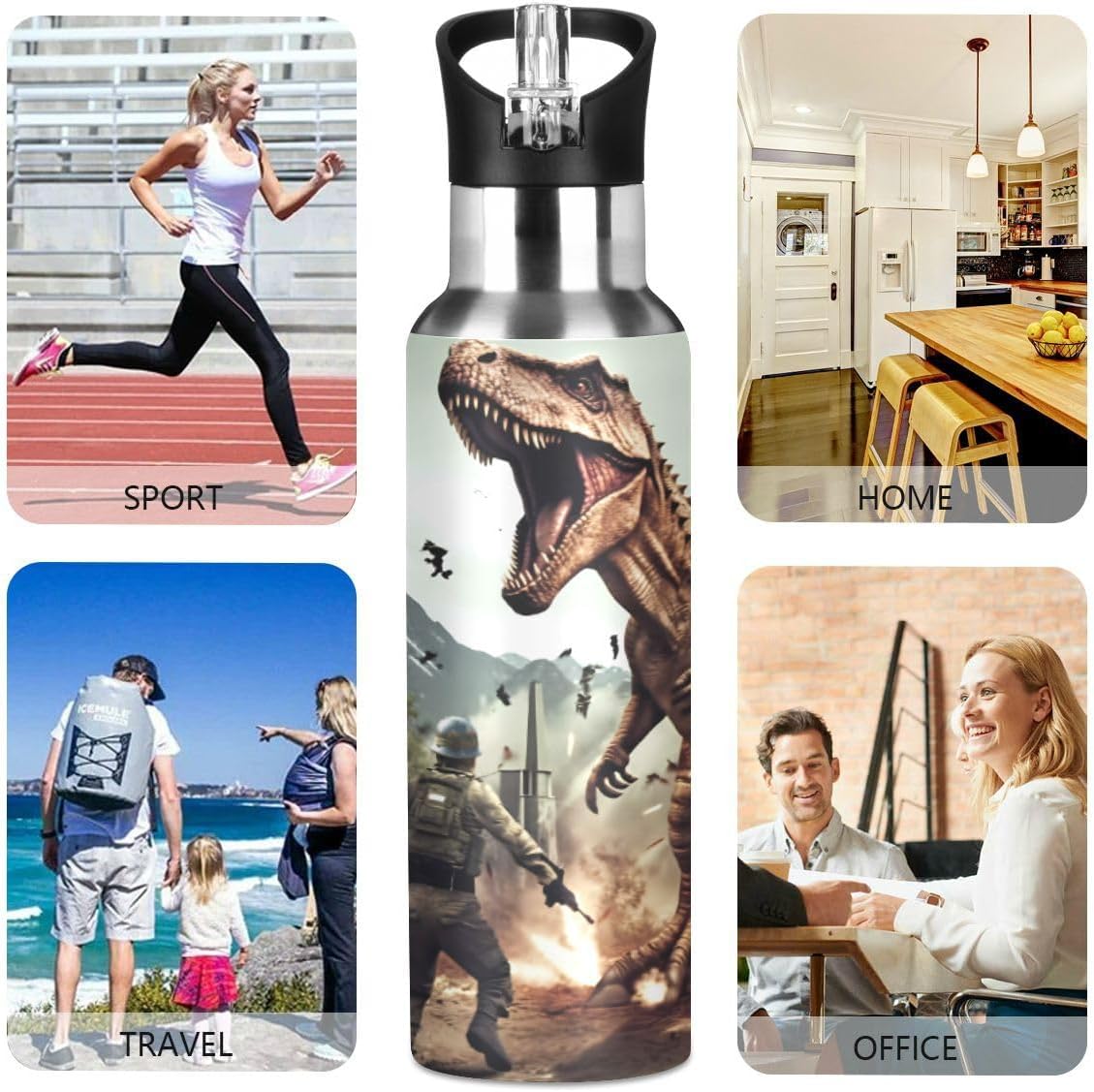Botella de agua con popote 3D de dinosaurio T-Rex Disaster Dragon Lid termo para niños, termo de acero inoxidable aislado para agua, deportes, 20 oz
