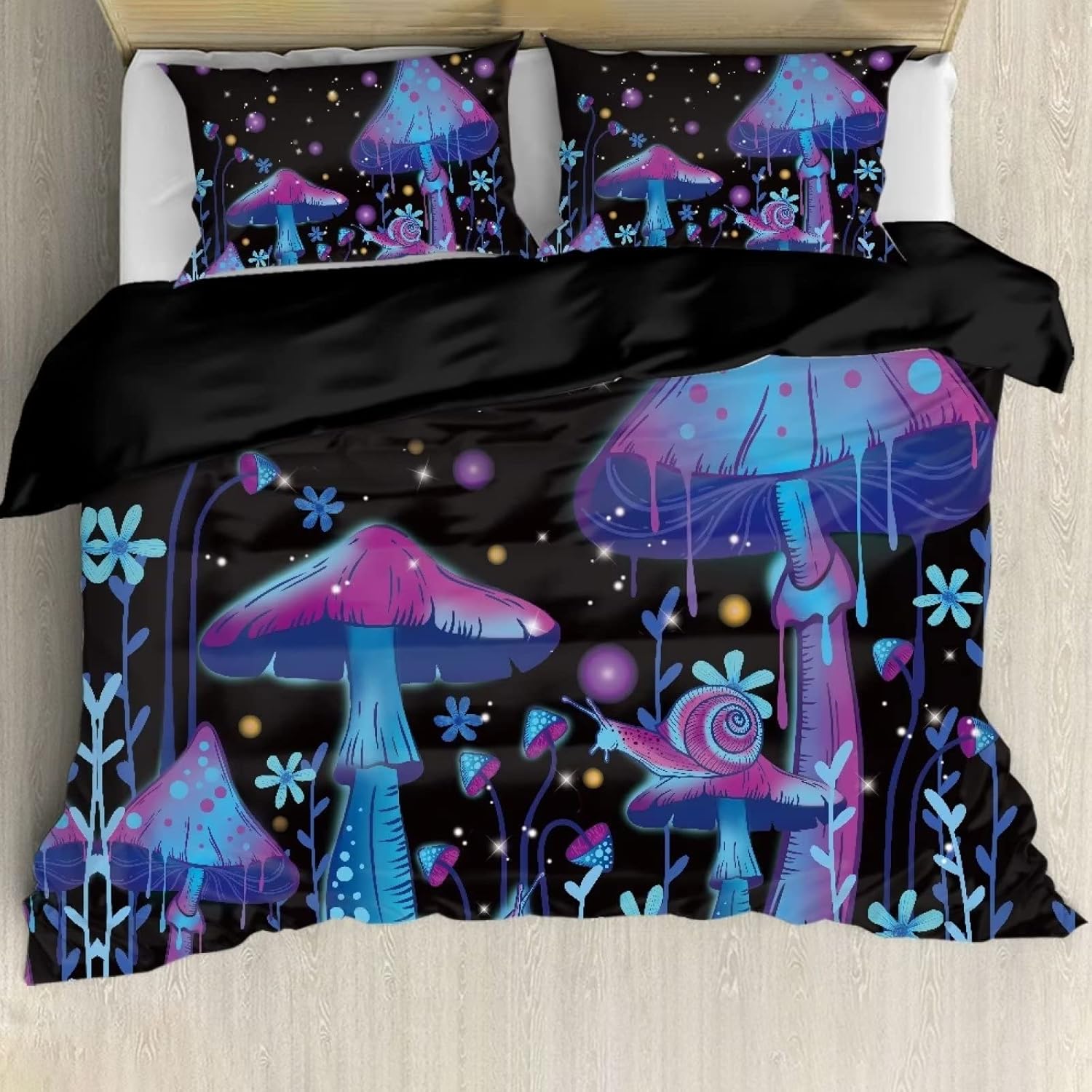 BIGCARJOB Juego de funda de edredón de hongos, juego de funda de edredón con patrón de hongos trippy, juego de ropa de cama de dibujos animados para