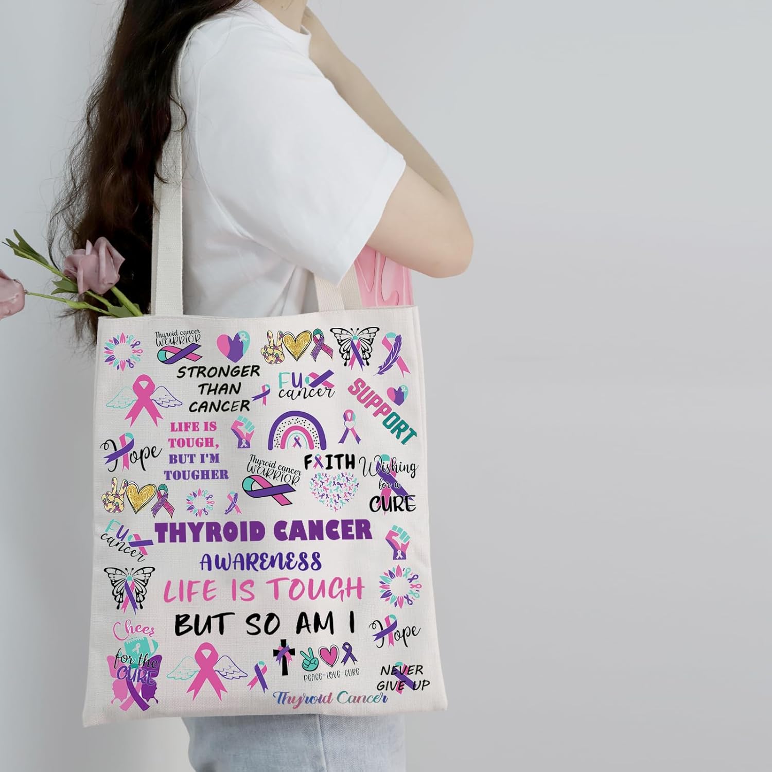 PXTIDY Bolsa de mano para concientización sobre el cáncer de tiroides, regalo para sobrevivientes de cáncer de tiroides, bolsa de apoyo para el
