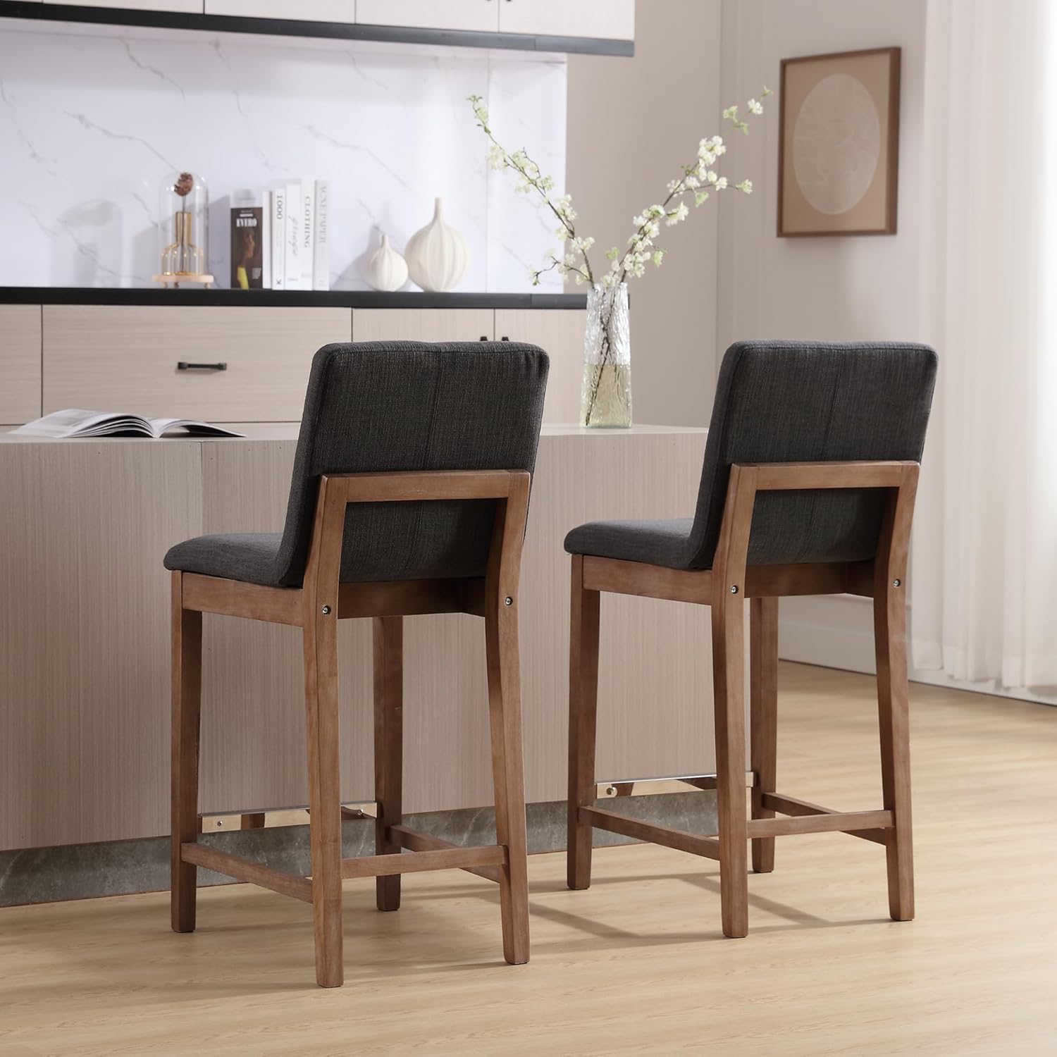 chairus Juego de 2 taburetes de bar altos de tela, taburetes de bar tapizados de lino con patas y respaldo de madera maciza para cocina, isla de