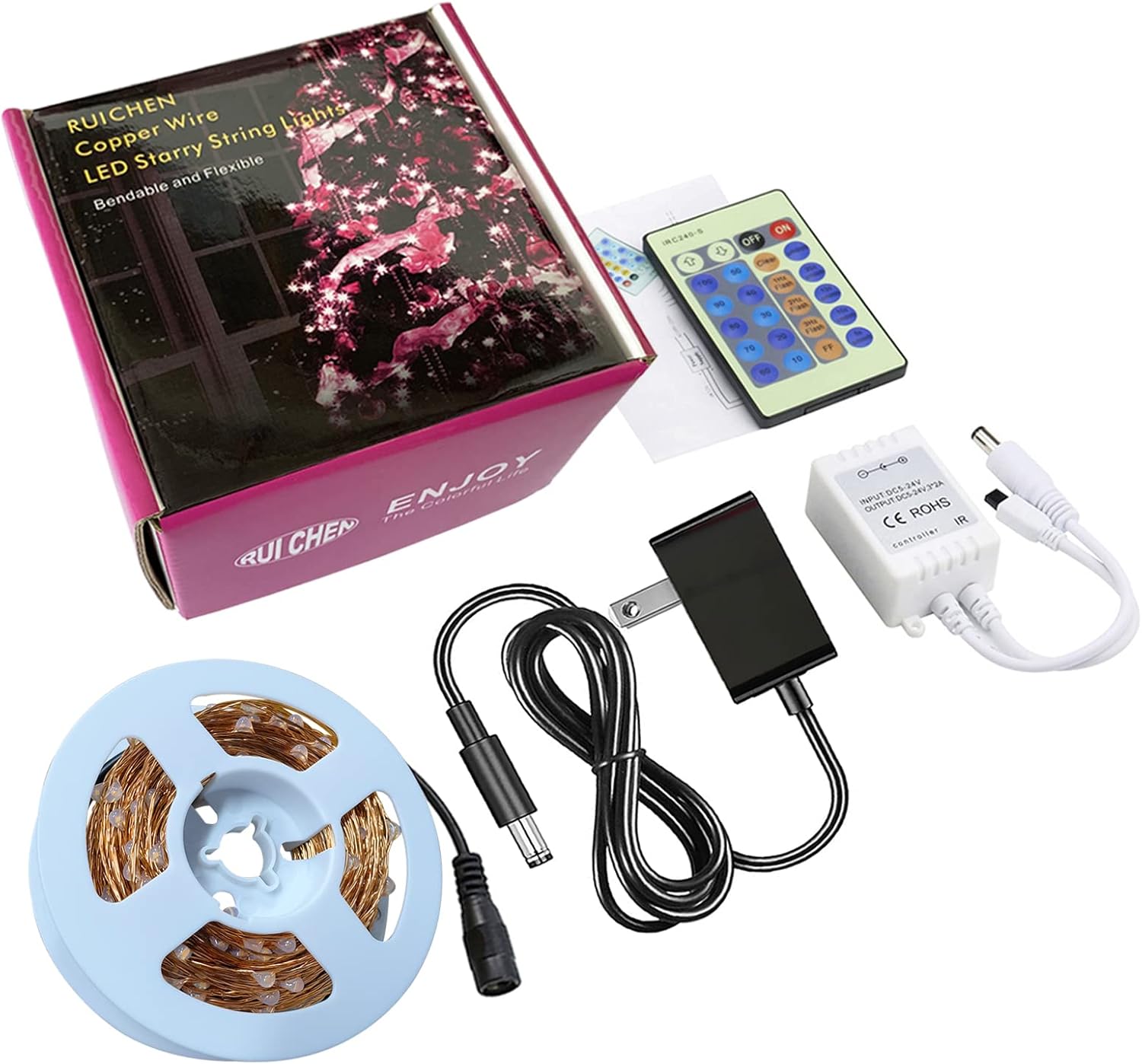 RUICHEN Guirnalda de luces regulables enchufables de 99 pies, 300 luces LED de alambre de cobre parpadeantes con control remoto, blanco cálido