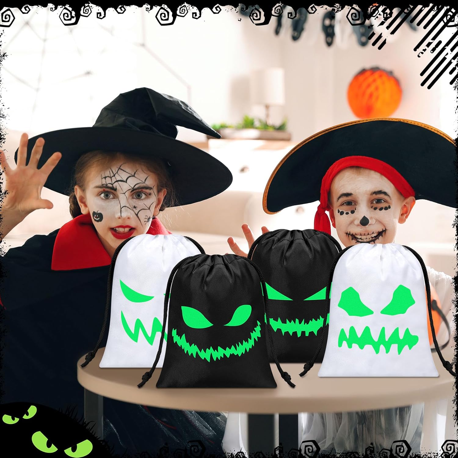 16 bolsas de recuerdo de Halloween, caras espeluznantes, pequeñas con cordón, bolsa de regalo para aula, Halloween, fiesta de cumpleaños (7 x 10