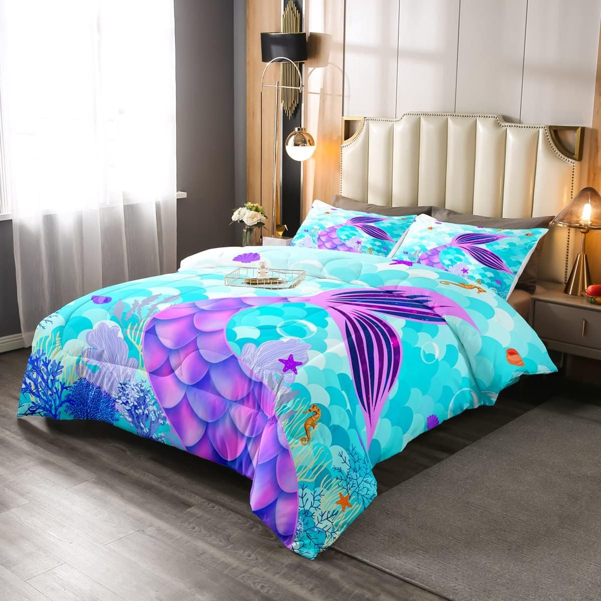 Erosebridal Juego de edredón de sirena para niñas, edredón acolchado con escamas de pez azul verdoso, edredón de plumón del mundo submarino para