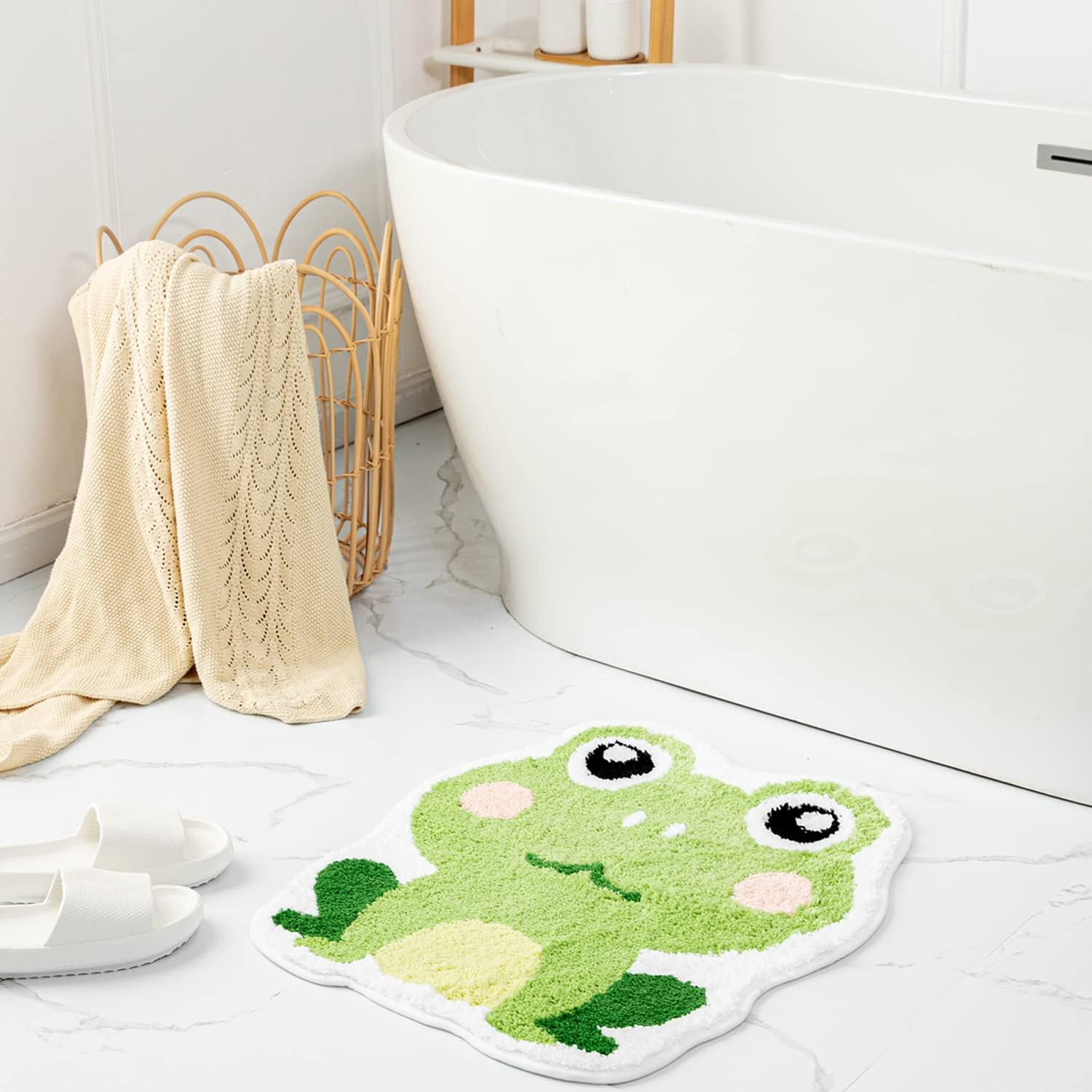 Bonita alfombra de baño de rana para baño, alfombra de baño verde, antideslizante, tapete de puerta de animal de rana, tapete de baño divertido