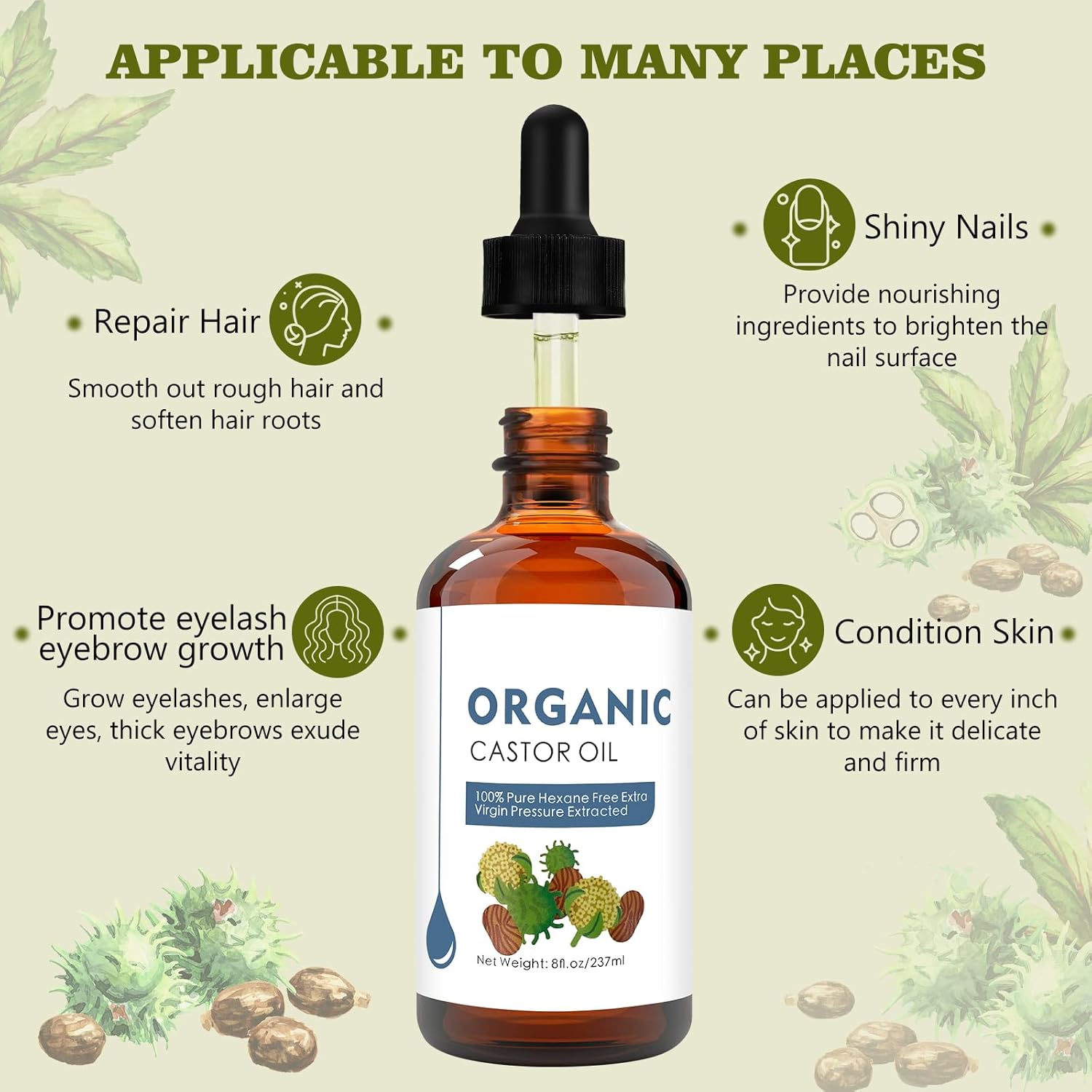 Aceite de ricino orgánico (2.11 onzas) con kit de pestañas, certificado orgánico, 100% puro, botella de vidrio, prensado en frío sin refinar, sin